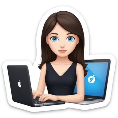 A brunette woman, with blue eyes, with a Laptop, wear a Black dress sticker