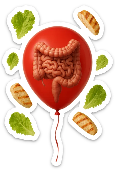 intestino anatomico realistico chiuso in un palloncino rosso e foglie di insalata e petto di pollo grigliato che fluttuano intorno sticker