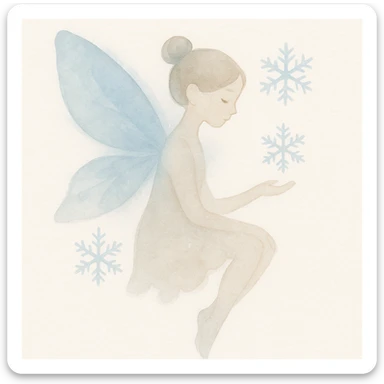 winter fairy with icy blue wings, snowflake patterns, and a frosty glow, delicate watercolor style sticker