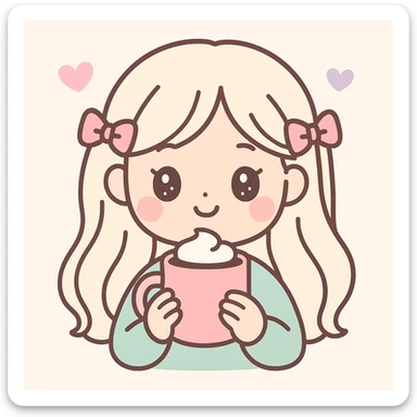 platinum blonde woman with pink bows in hair drinking hot chocolate from a pink mug, kawaii style sticker