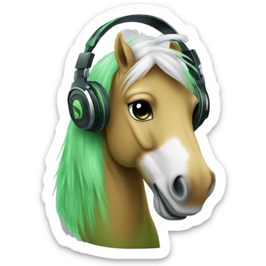 emoji of a green hobby horse with white hair, and dj headphones on. it’s face is made of combination of laughing emoji and kissing emoji  sticker