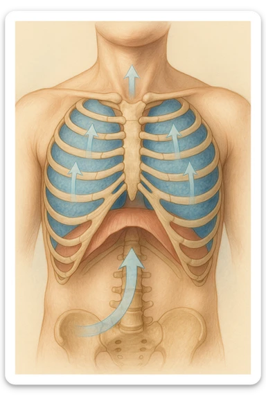 A realistic, high-quality anatomical illustration showing a human torso with visible rib cage and diaphragm. The ribs are shown in a decompressed, expanded state, allowing full lung expansion, while the diaphragm is depicted as relaxed and lowered, indicating deep, efficient breathing. Soft blue and warm tones highlight airflow and lung capacity, with light arrows illustrating the air movement during diaphragmatic breathing. The image conveys a sense of calm, openness, and optimal breathing mechanics, useful for physiotherapy, breathing education, and osteopathic learning contexts realistica sticker