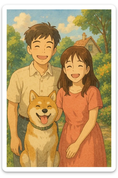 couple with pet posing for photo sticker