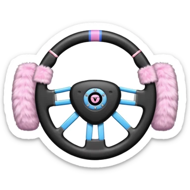steering wheel with transgender pride flag colors and strifes , with fluffy pink handcuffs sticker