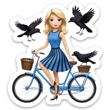 Blonde Silkstone Barbie enid sinclair from academy in blue and black vertically-striped classic dress riding bikes with crows sticker