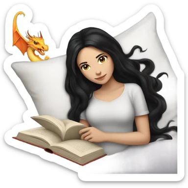 White girl with long black hair lying in bed reading a book with a dragon on the cover sticker