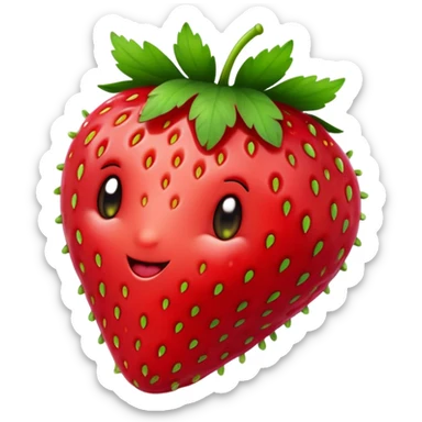 Cinematic Realistic Strawberry Emoji, Plump and juicy, with a deep red color and small, fresh seeds dotted across the skin. Its glossy, sweet surface catches the light, while bright green leaves top off the perfect, delicious berry. Soft glowing outline, capturing the essence of sweetness and freshness in a bright strawberry! sticker