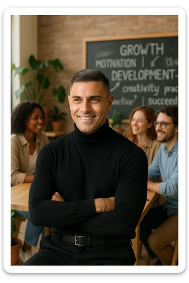 A confident man sitting in a cozy, modern coworking space, surrounded by positive, driven people engaged in creative conversation. He listens, learns, and occasionally smiles, visibly elevated by their presence. Behind him, a chalkboard or whiteboard with empowering words and ideas. The environment is filled with natural light, plants, and soft wooden textures. The atmosphere suggests emotional growth, support, and personal development. sticker