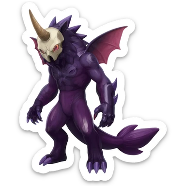 Shiny Dark Edgy  Duskull-Salandit-Inteleon-Fakémon-hybrid-creature (full body) with a horned animal-skull-mask sticker