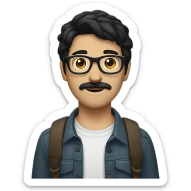White Boy with black hair glasses little dark brown mustache and shaved visible dark brownbeard sticker