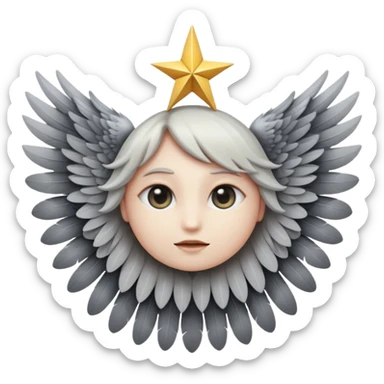 A round emoji with a single central eye, completely covered in six layers of gray feathered wings forming a star-like shape, mystical and divine expression, iOS emoji style sticker
