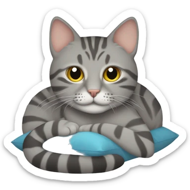 A grey tabby cat lies with its head on a pillow sticker