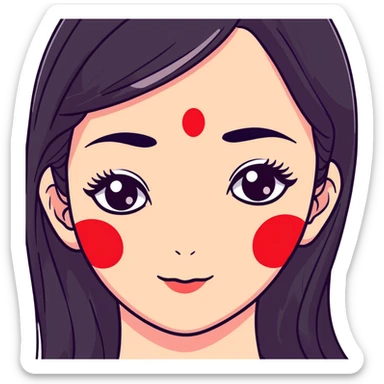 White girl with long oval shaped face, large almond shaped eyes with long eyelashes, long straight black hair falling in front of her bare shoulders, face closeup, with red and white gopi dots decorating her forehead above eyebrows sticker