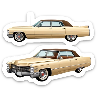 Beige 1966 Cadillac DeVille, 30-degree three-quarter view showing front and side, accurate vintage luxury car proportions, detailed front grille and headlights, from Once Upon a Hollywood movie, iOS emoji style sticker
