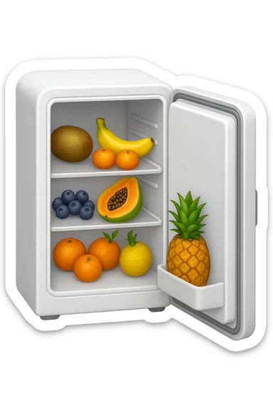 emoji stile iphone di un frigo aperto con dentro ben visibili questi alimenti: Kiwi
Banana acerba
Arance e mandarini
Mirtilli
Ananas
Papaya
IPERREALISTICO 4K sticker