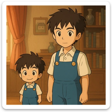Create a cute small chibi anime character standing next to a regular-sized version of the boy from the reference image for size comparison. Render in Studio Ghibli style with a warm and friendly atmosphere. sticker
