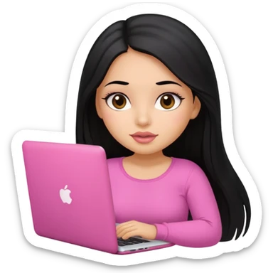 Cute adorable latina girl, straight long black hair, big eyes, plumpy big lips, working with laptop, wearing pink top sticker