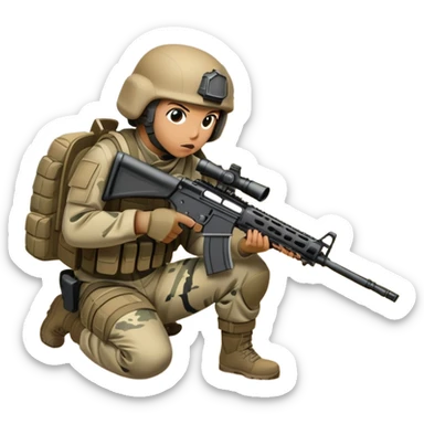A tactical player in camouflage gear, crouched behind cover with a rifle aimed, ready for action. The scene is set in an outdoor field, with strategic obstacles and soft sunlight, conveying the intensity and teamwork of a competitive airsoft match. sticker