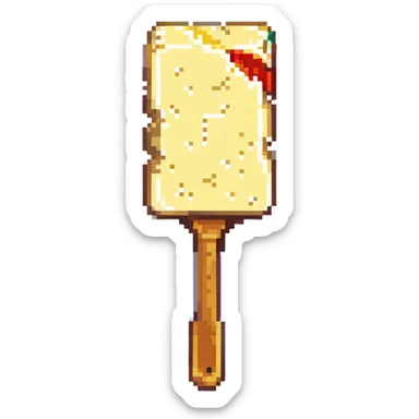 a slice of butter holding up an auction paddle, actively bidding, pixel art style sticker
