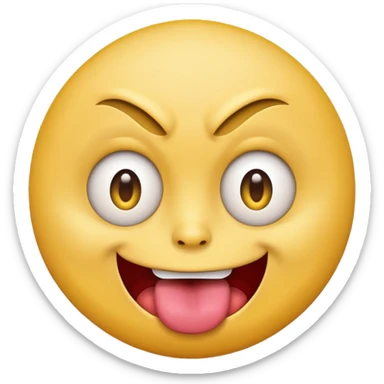 A yellow round face emoji smirking with its tounge out but the eyes are evil and kind of crazy and one eyebrow is raised in a suggestive way sticker