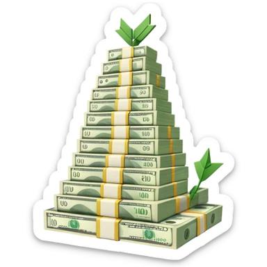 upward arrow next to gradually increasing stacks of dollar bill bundles, showing financial growth sticker