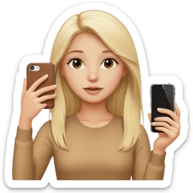  beautiful pale blonde girl with long hair taking selfie on brown case iPhone in beige top sticker