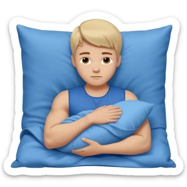 A young muscular male with short dark-blonde hair, medium-light skin, and a neutral expression, dressed in blue cloth. He lies on his side, arms around a soft white pillow, with his head on a smooth blue pillow. A flowing blue blanket covers him in silky folds. sticker