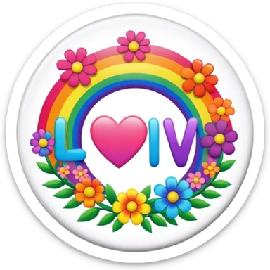 A round psychedelic colored button that says love with rainbow colored hippie style flowers sticker