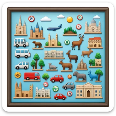 Icon for Magnet Collecting: a magnetic board on a wall displaying a collection of various magnets from different places, featuring cities, animals, and symbols. The icon should evoke the joy and uniqueness of a diverse magnet collection. Transparent background. sticker