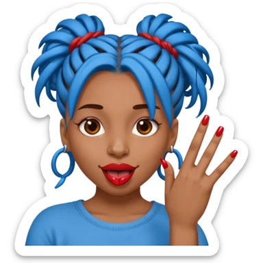 brown girl with blue locs in a bun with tongue out and red nails showing secomdnd finger sticker