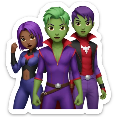 Solo poly platonic relationship, one African girl, one Asian boy, one biracial features Asian tomboy girl rat-tail hair long and upper masculine hair 90s, vampire and marvel cosplay elements inspired  use marvel race, like instead of obvious human, green purple blue etc,  sticker