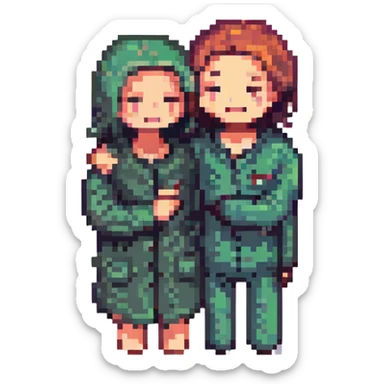 A person hugging another person with a mysterious smile and a finger to their lips sticker