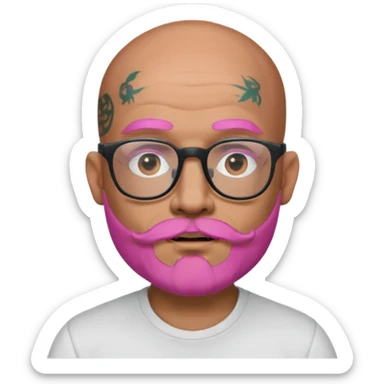 bald man with a pink beard, glasses, and face tattoos, memoji style, expressive face sticker