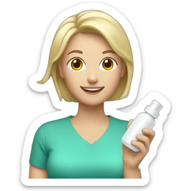 Happy blonde Mom holding white pill bottle, short hair, teal shirt sticker