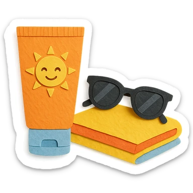 tube of sunscreen with a smiling sun, next to sunglasses and a towel, paper-craft style sticker