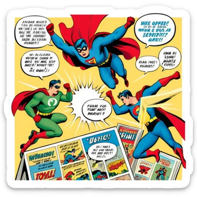 Icon for Vintage American Comics: an open comic magazine with classic 1940s-1950s American comic art, featuring superheroes in bold, bright colors, with action panels and exaggerated speech bubbles. The icon should represent the nostalgic style of vintage comics. Transparent background. sticker
