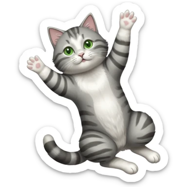 grey and white cat with green eyes doing a big extremely long stretch reaching up into the air with arms and legs side by side together straight and overextended whilst lying on its side sticker