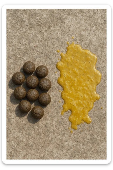 feci di animale a palline viste dall'alto e feci di animale liquide e gialline viste dall'alto, iperrealistico 4k sticker