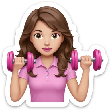 girl with wavy long brown hair, brown eyes, light to medium complexion, long lashes, light pink lipstick, wearing light pink shirt, lifting a pink dumbells sticker