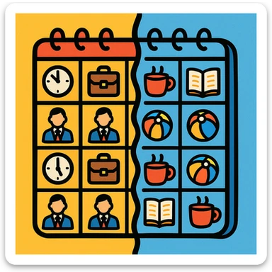 vibrant playful illustration style of a calendar split in half with one side showing meetings and the other side showing leisure activities sticker