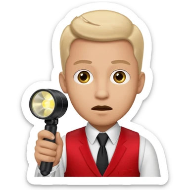 Movie theatre usher in red vest and black tie with flashlight looking scared sticker