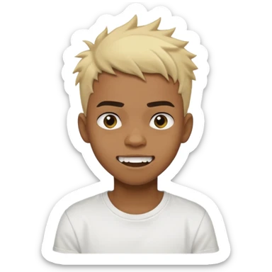 Black Male Teenager with Short punk messy blonde hair, Dark brown bushy eyebrows large expressive golden-brown eyes, wearing a plain white t-shirt, Dark Brown skin color. Fun teeth sticker