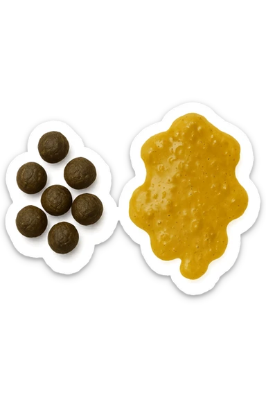 feci di animale a palline viste dall'alto e feci di animale liquide e gialline viste dall'alto, iperrealistico 4k sticker