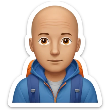 uomo con il centro della testa pelato e il resto medi marroni con un giubbotto blu e che si vedano le bretelle dello zaino arancione  sticker