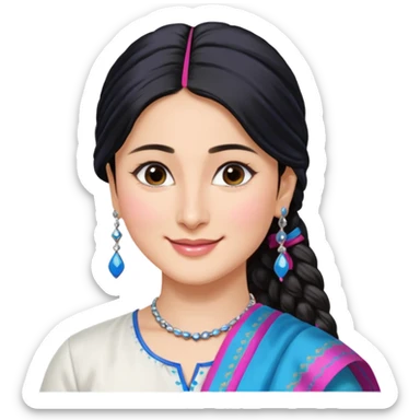 generate a pretty bratz emoji that looks like Kareena Kapoor's Geet character. 
Make her wear a white shirt with a colorful blue-pink dupatta wrapped around her neck. smiling big. Black hair tied into a side part ponytail, silver hoops and no necklace

She should look exactly  like Kareena Kapoor sticker