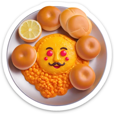 3D emoji style pav bhaji on stainless steel plate, orange-red bhaji with melting butter, two buttered pav buns, onions, lemon wedge, bright colors, soft shadows, isometric or top-down view, warm background sticker