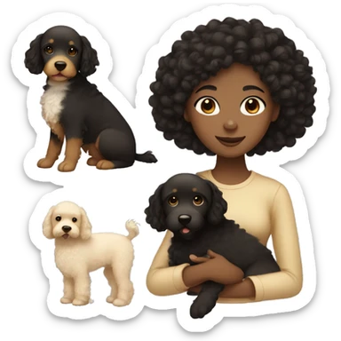 Black hair girl with brown eyes holding a beige golden doodle sticker