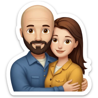 Couple. Bald man with dark brown-black beard. White woman with many small, faded freckles, she has white skin and she has auburn-yellow-brown-cinnamon, dark long hair. She has light brown eyes. The man have hazel eyes. Retro style. They hug. sticker