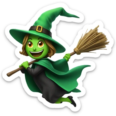 green witch flying on a broom facing right throwing candy. sticker