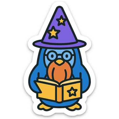 a stylized penguin wizard with glasses, a long beard, and a magical book, in a modern flat icon style sticker